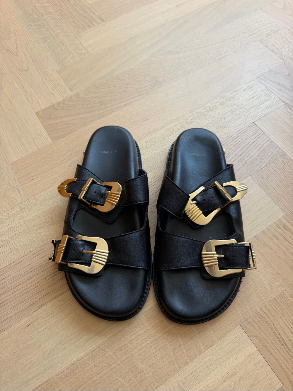 Anine Bing Black Leather Slide Sandals with Gold Buckles - Picture 8 of 16